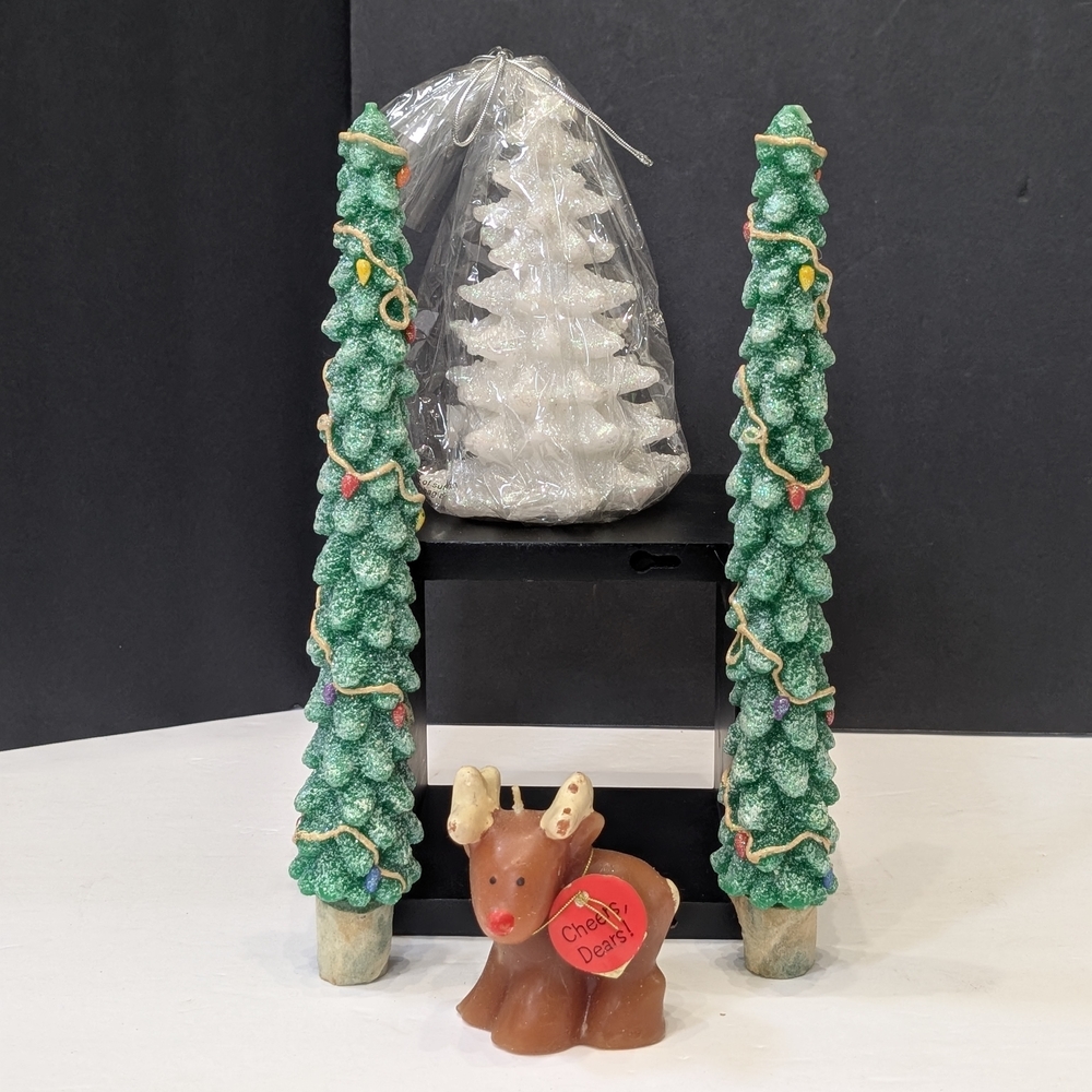 Christmas Candles 2 Vtg Snowy Days Christmas Trees, White Tree And A Reindeer